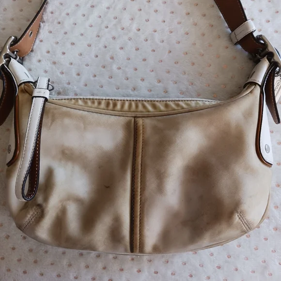 Vintage / Rare Coach Nylon Beige Handbag White Leather Handle Shoulder Bag - Picture 5 of 14